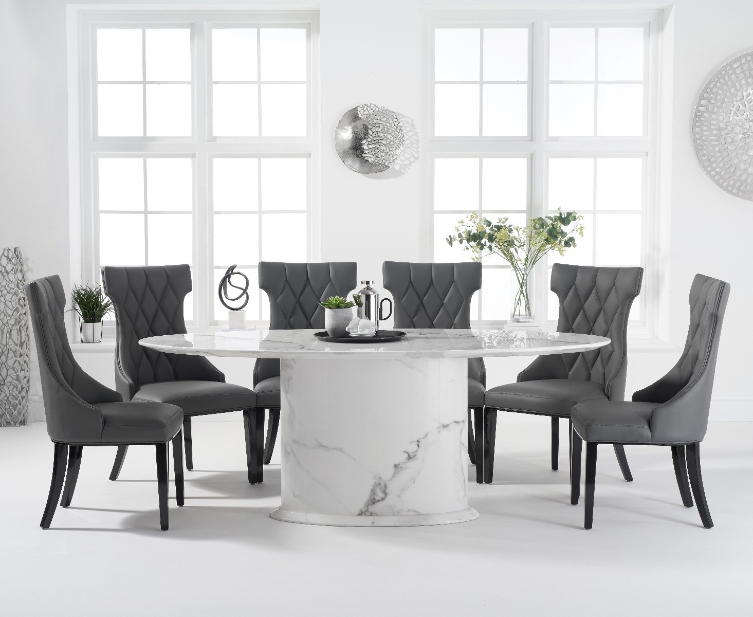 Product photograph of Colby 200cm Oval White Marble Dining Table With 6 Grey Sophia Chairs from Oak Furniture Superstore