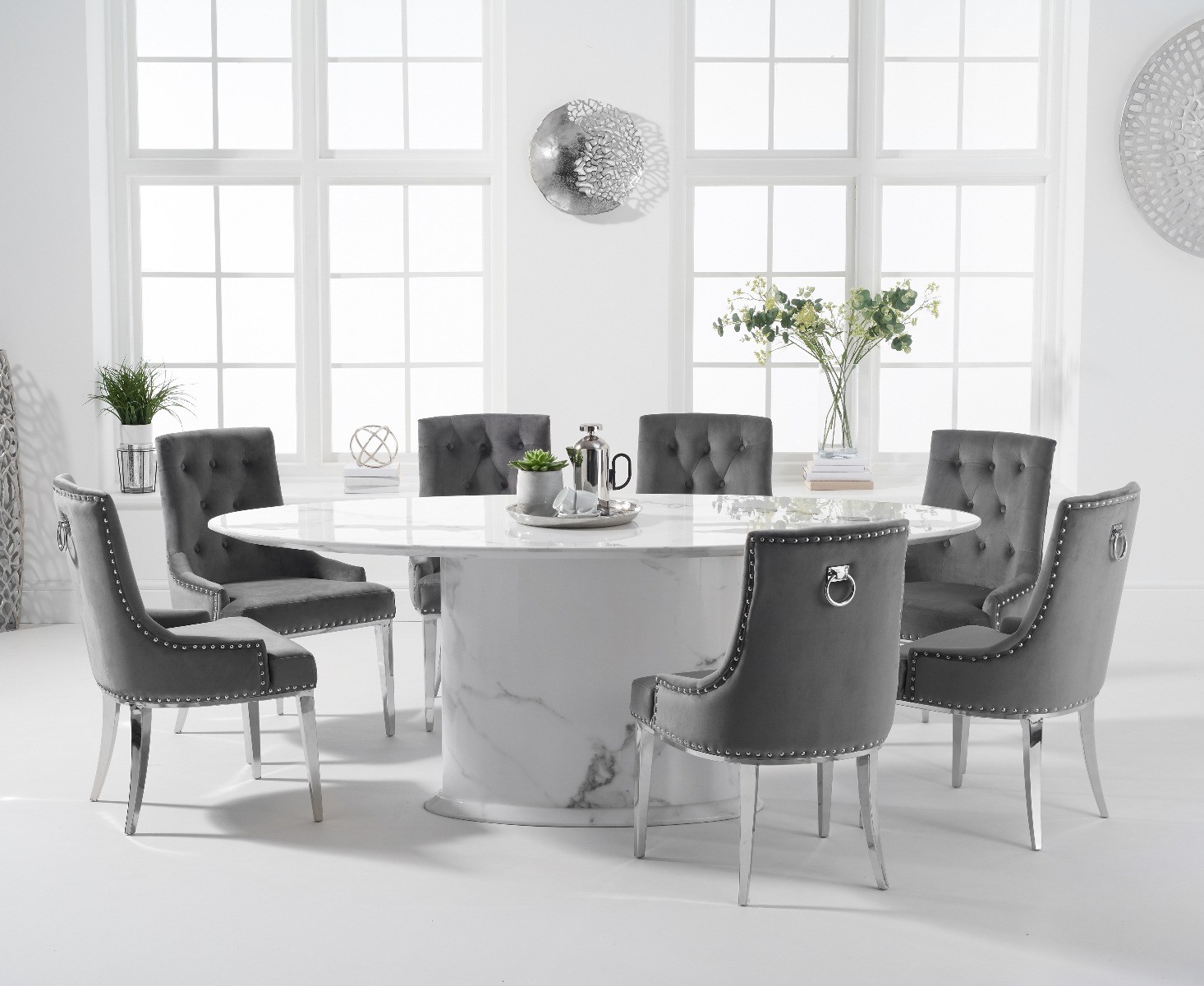 Product photograph of Colby 200cm White Oval Marble Dining Table With 6 Grey Sienna Chairs from Oak Furniture Superstore