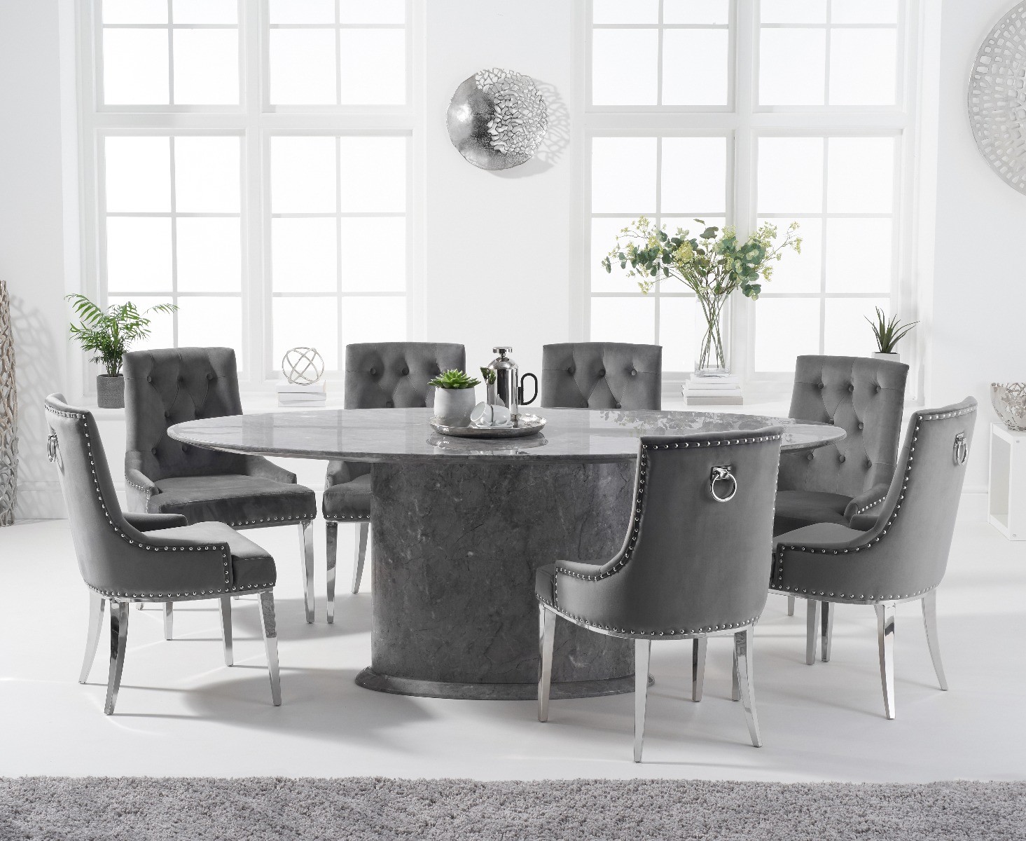 Product photograph of Colby 200cm Oval White Marble Dining Table With 6 Grey Sienna Velvet Chairs from Oak Furniture Superstore