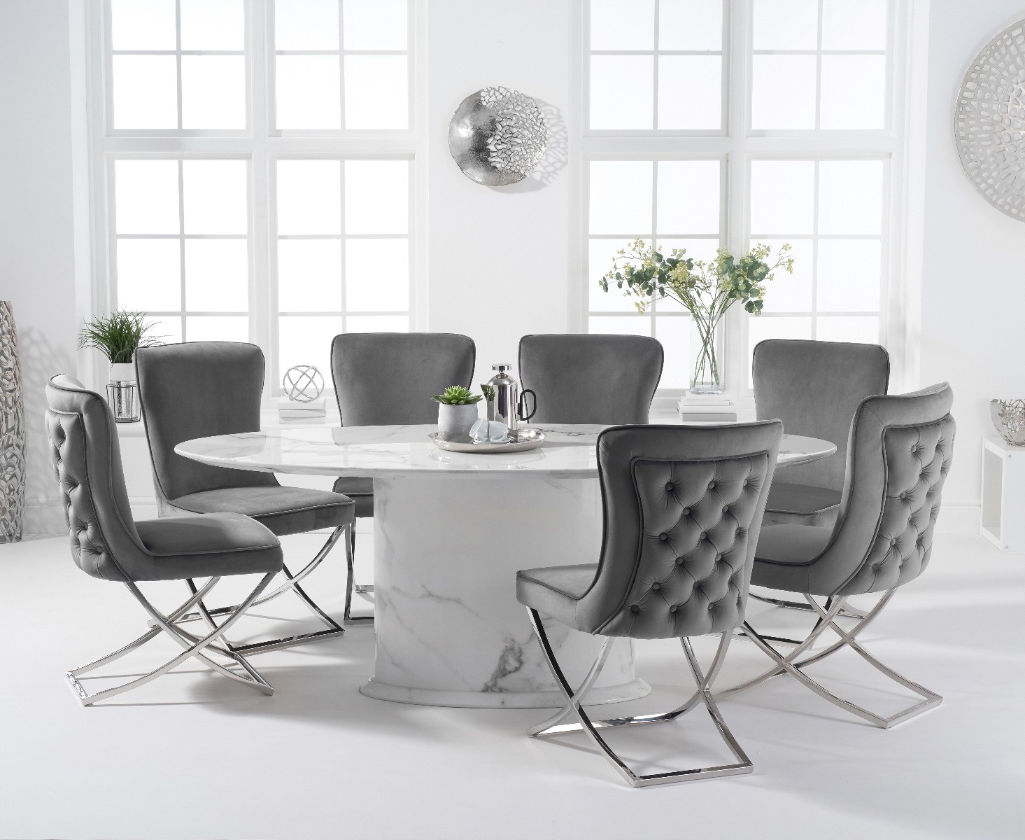 Product photograph of Colby 200cm White Oval Marble Dining Table With 6 Grey Lorenzo Chairs from Oak Furniture Superstore