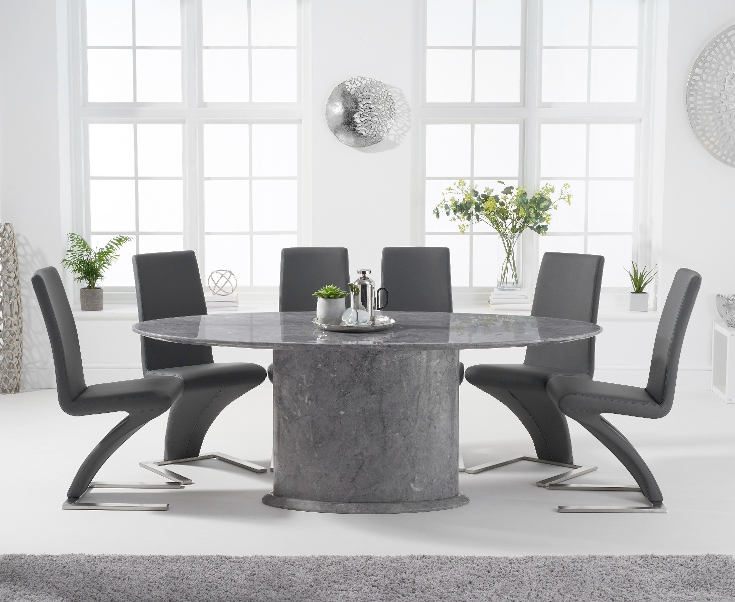 Product photograph of Colby 200cm Oval Grey Marble Dining Table With 6 Grey Aldo Chairs from Oak Furniture Superstore