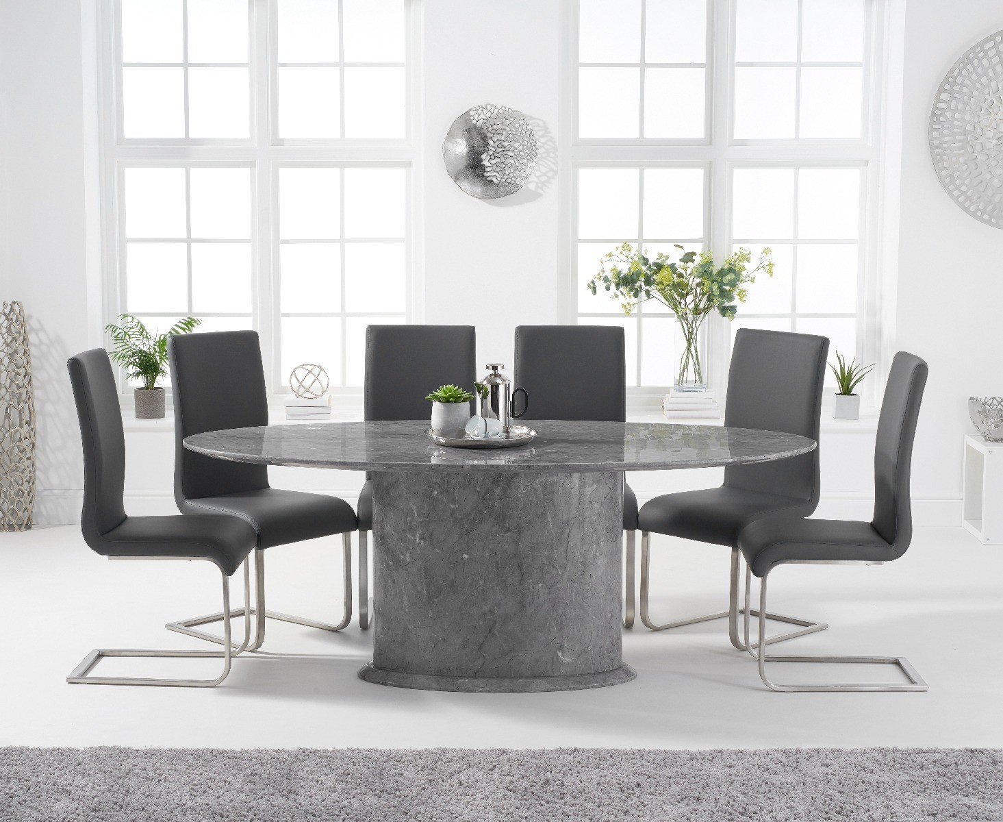 Product photograph of Colby 200cm Oval Grey Marble Dining Table With 8 Black Austin Chairs from Oak Furniture Superstore