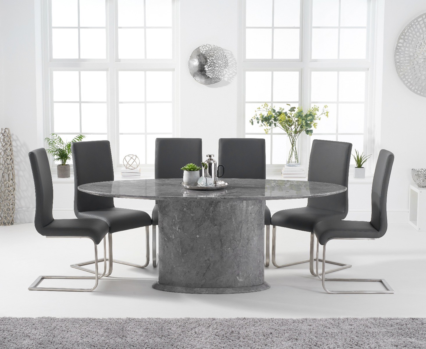 Colby 200cm Grey Oval Marble Dining Table With 10 White Austin Chairs
