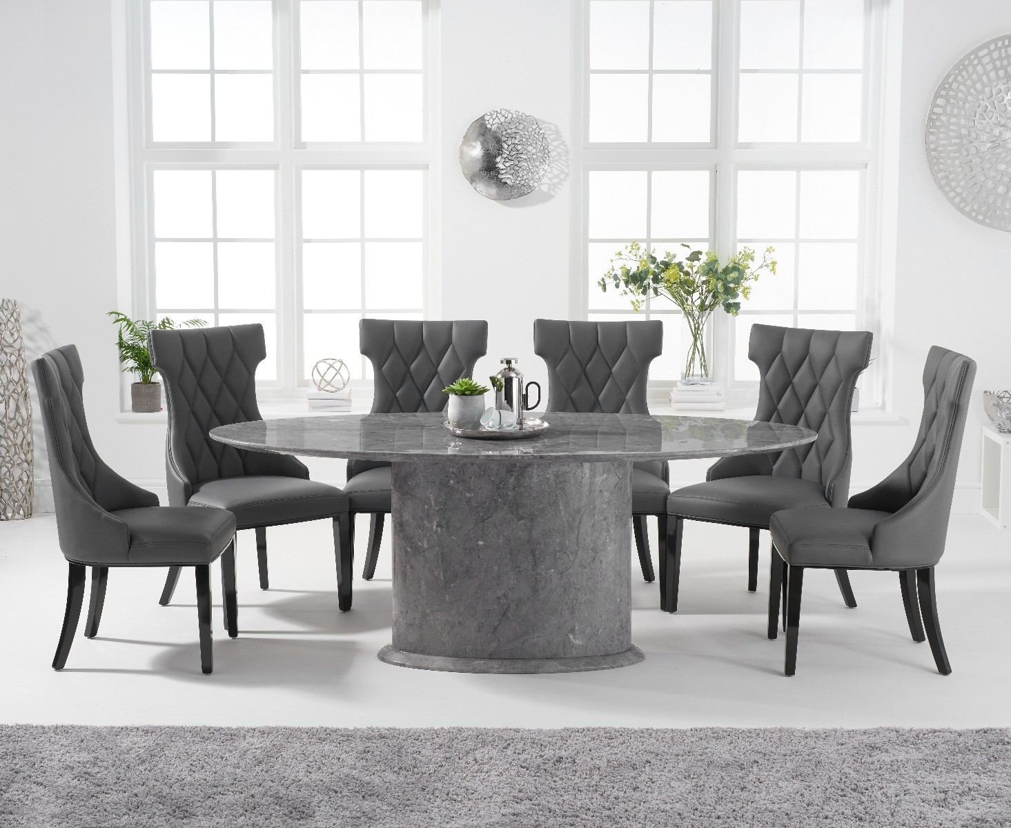 Product photograph of Colby 200cm Oval Grey Marble Dining Table With 6 Grey Sophia Chairs from Oak Furniture Superstore