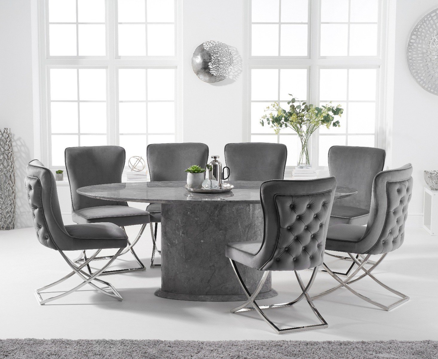 Colby 200cm Oval White Marble Dining Table With 6 Grey Lorenzo Chairs