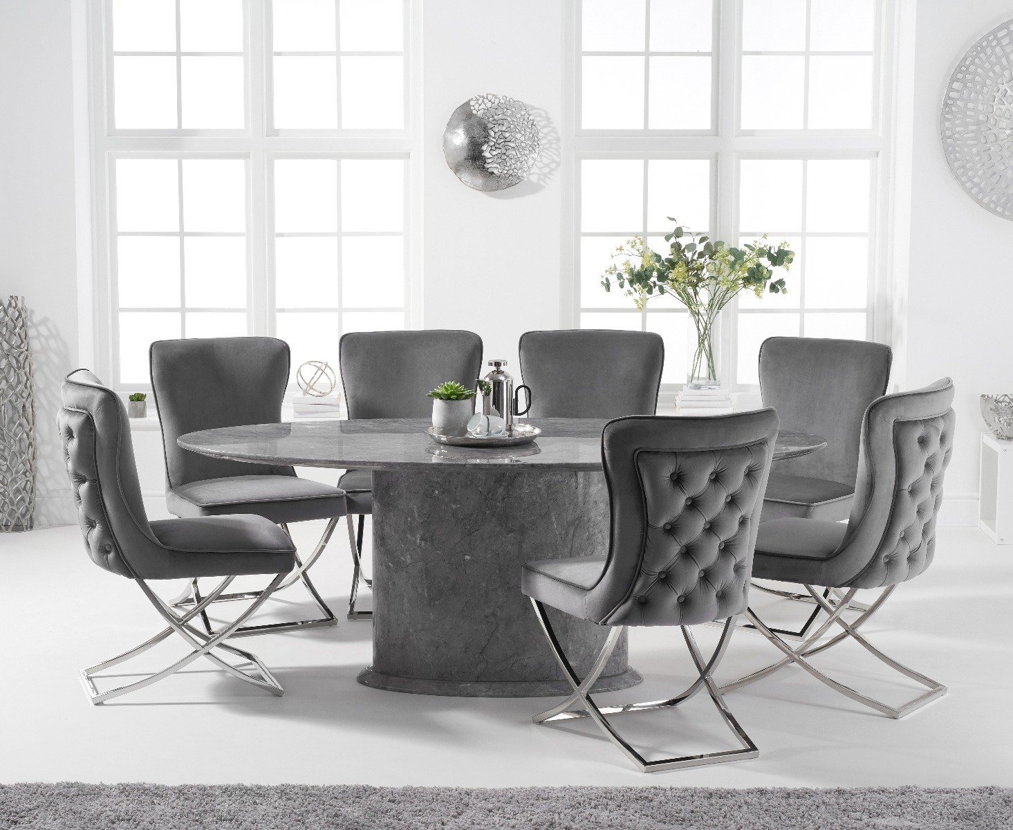 Product photograph of Colby 200cm Oval White Marble Dining Table With 6 Grey Lorenzo Chairs from Oak Furniture Superstore