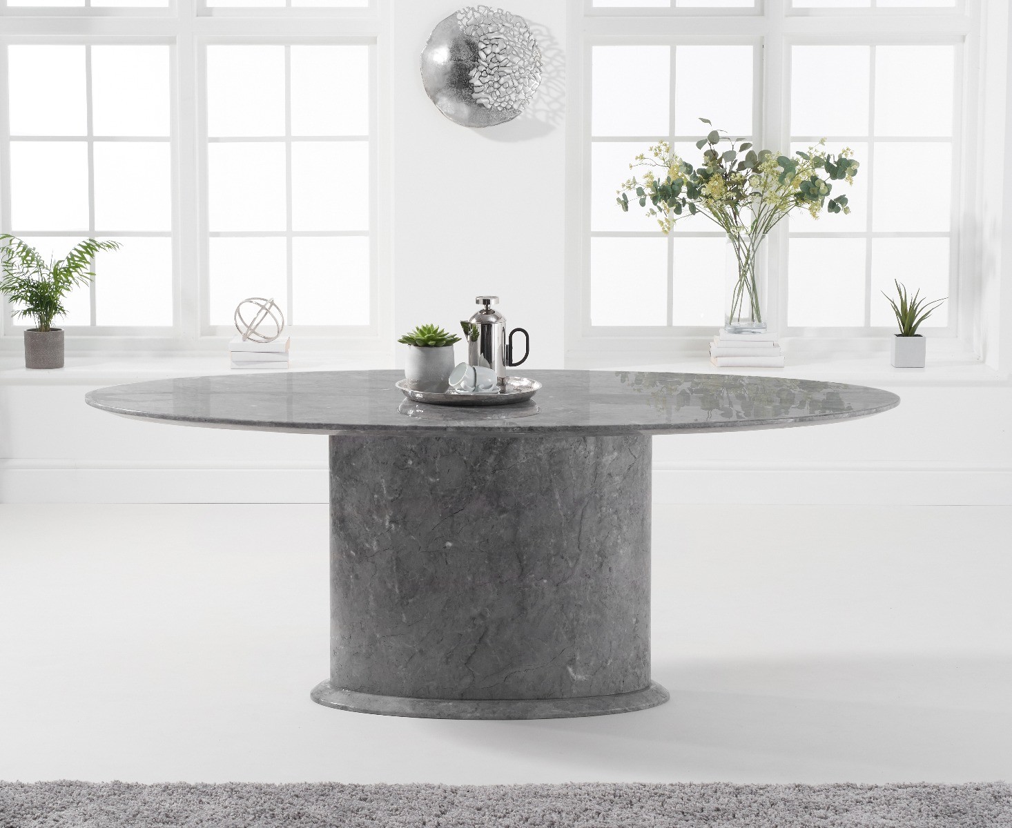 Photo 1 of Colby 200cm oval grey marble dining table with 6 grey sophia chairs