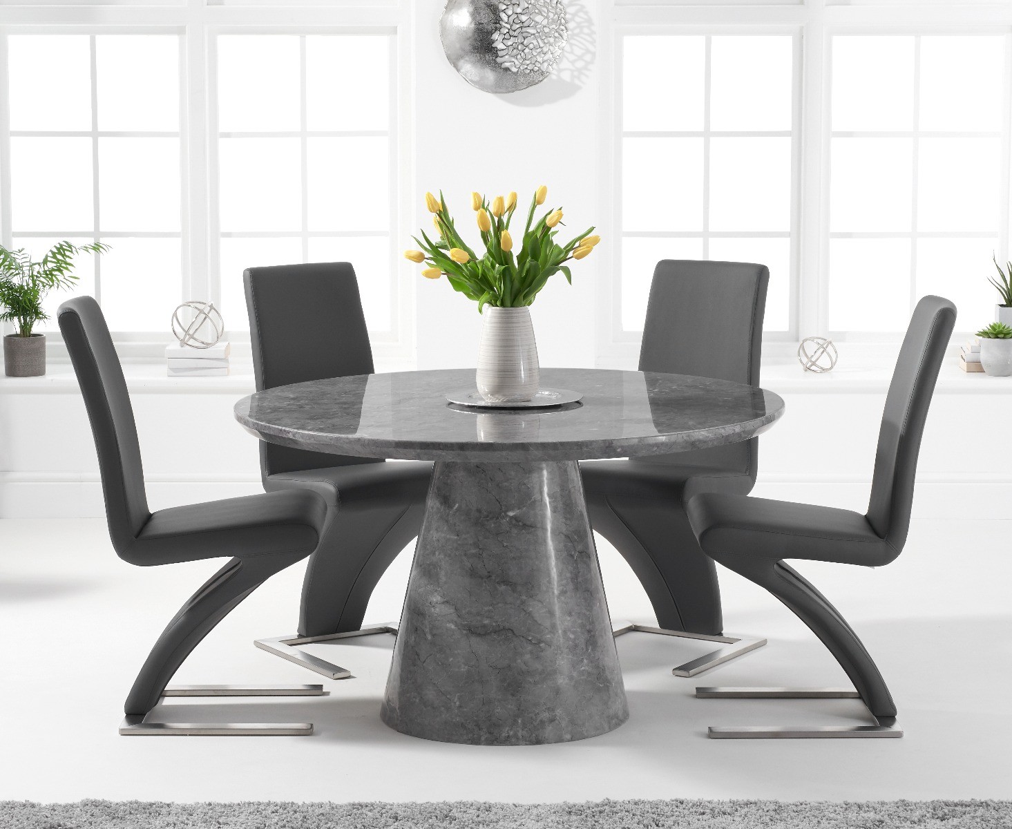Product photograph of Ravello 130cm Round Grey Marble Dining Table With 6 Grey Aldo Chairs from Oak Furniture Superstore