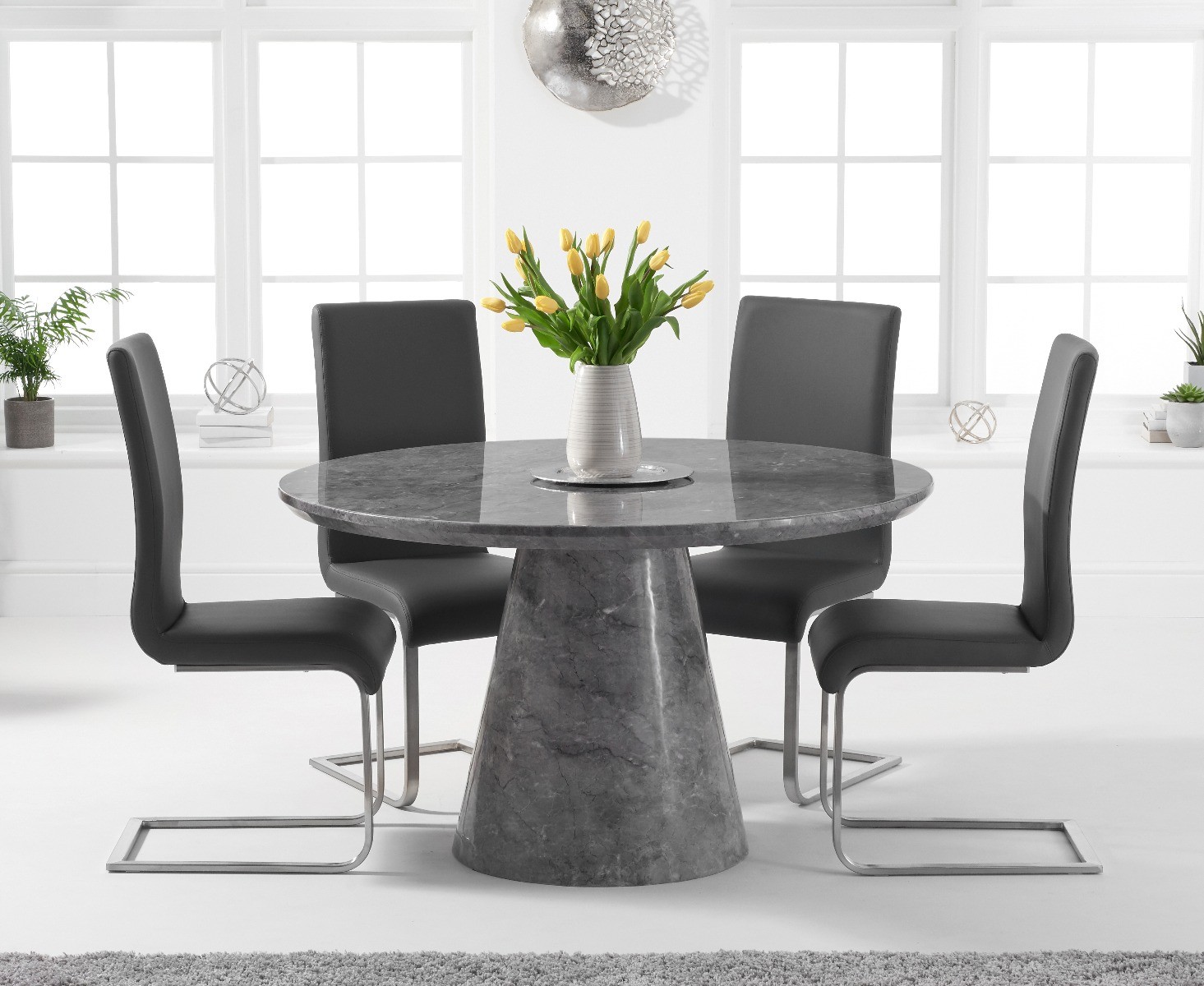 Ravello 130cm Round Grey Marble Dining Table With 4 Grey Austin Chairs