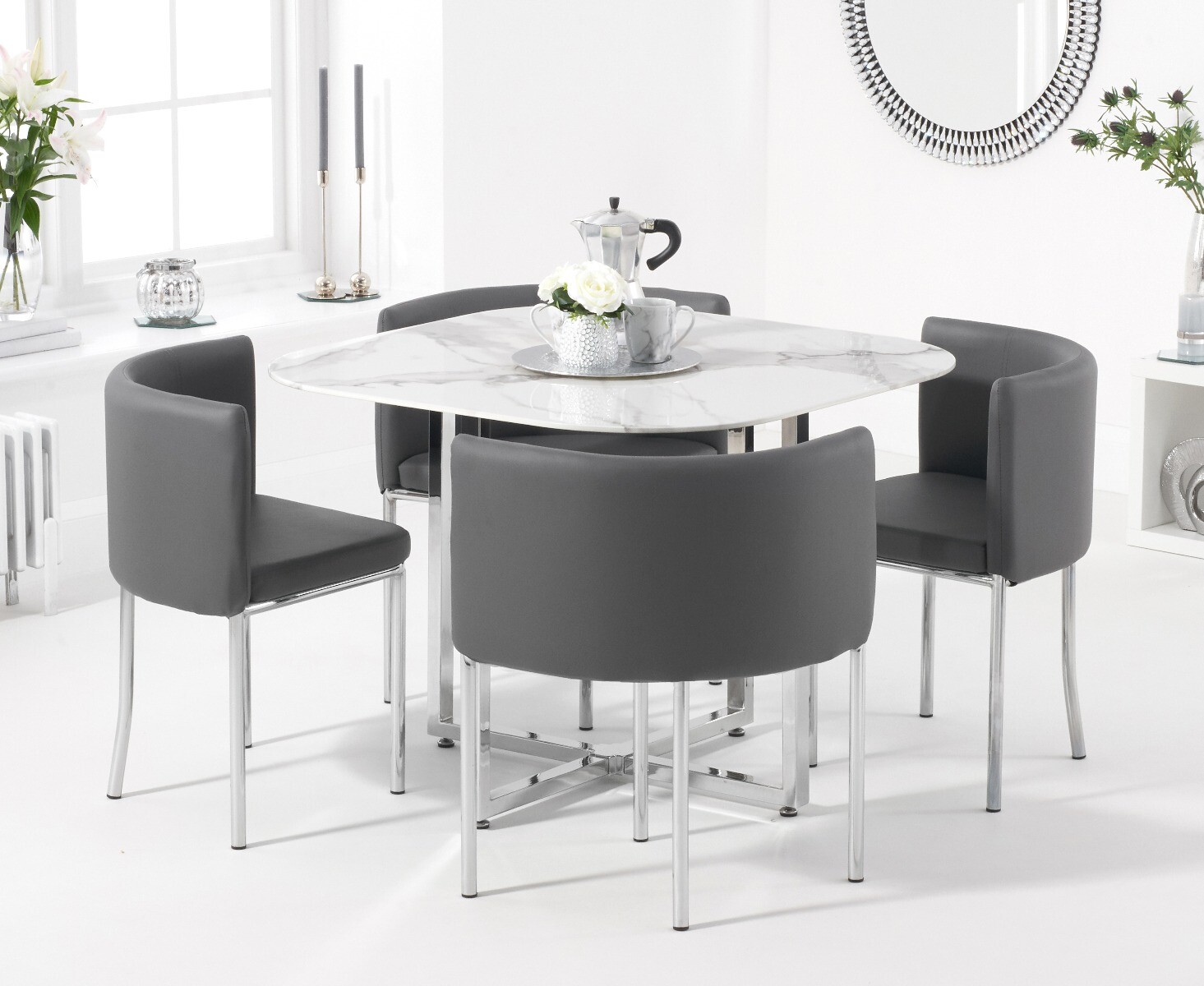 Product photograph of Algarve White Marble Dining Table With 4 Grey High Back Stools from Oak Furniture Superstore