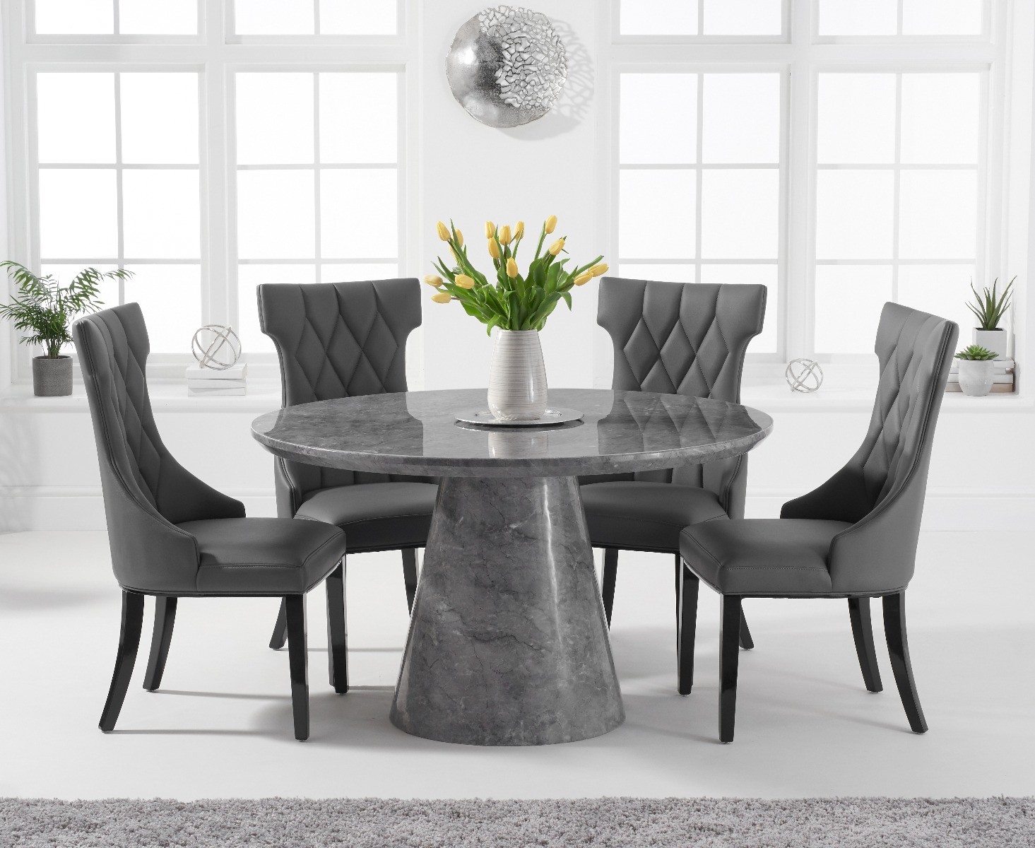 Product photograph of Ravello 130cm Round Grey Marble Dining Table With 6 Cream Sophia Chairs from Oak Furniture Superstore