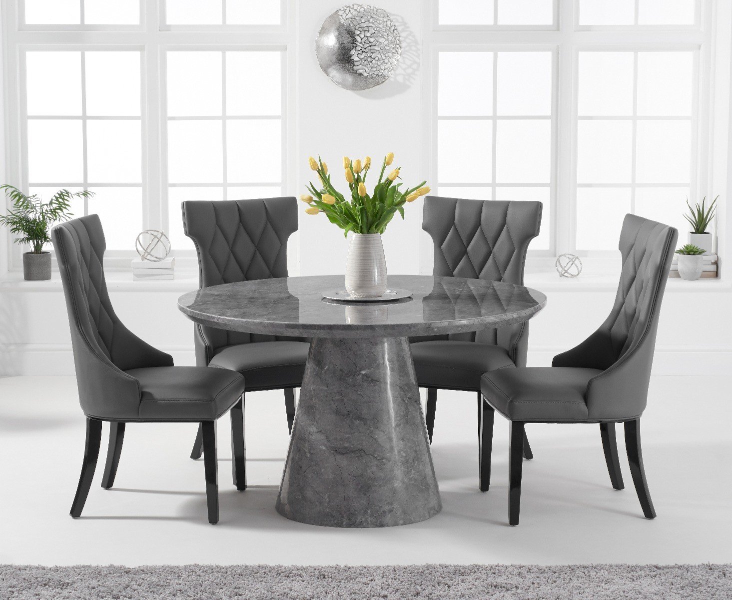 Ravello 130cm Round Grey Marble Dining Table With 4 Cream Sophia Chairs