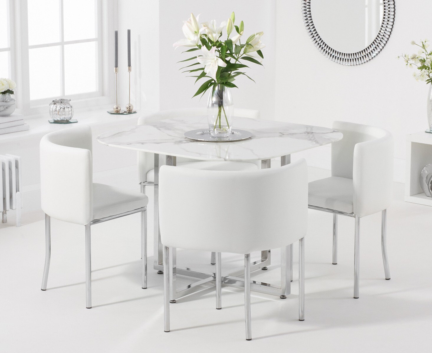 Product photograph of Algarve White Marble Dining Table With 4 White High Back Stools from Oak Furniture Superstore