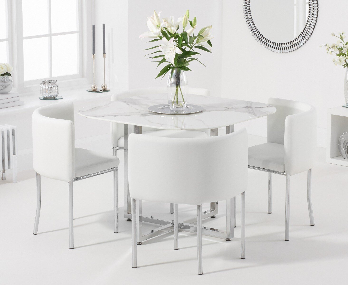 Algarve White Marble Dining Table With 4 White High Back Stools
