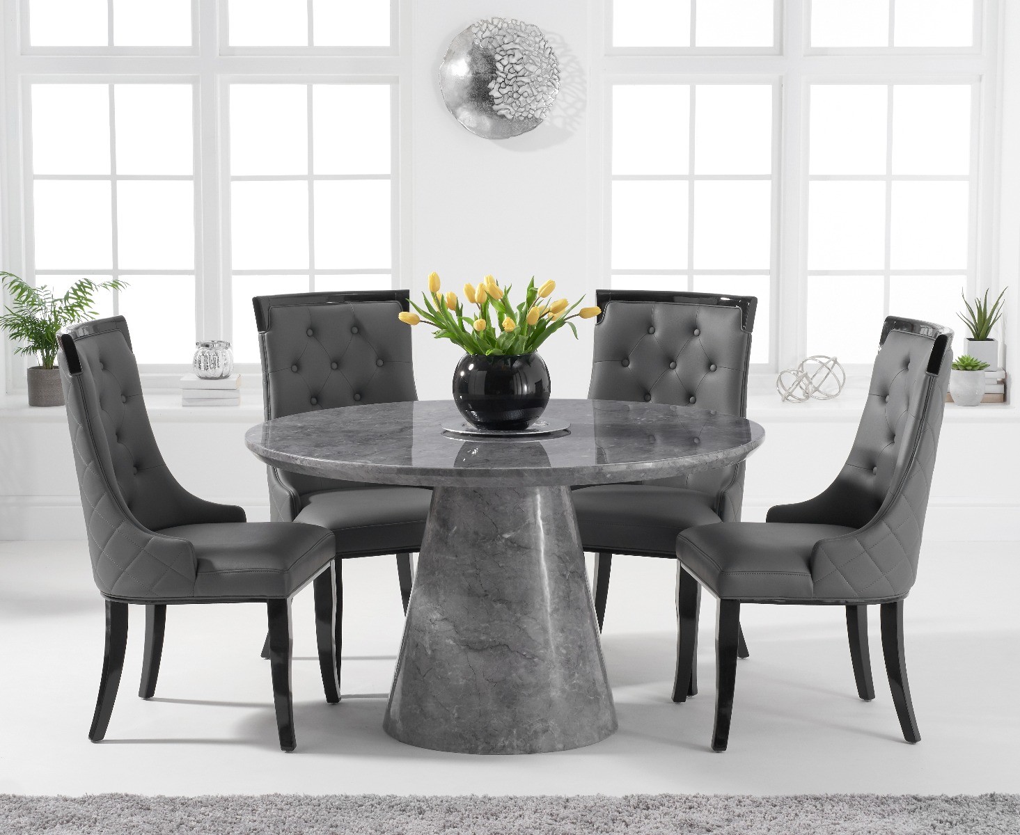 Photo 1 of Ravello 130cm round grey marble dining table with 6 grey francesca chairs