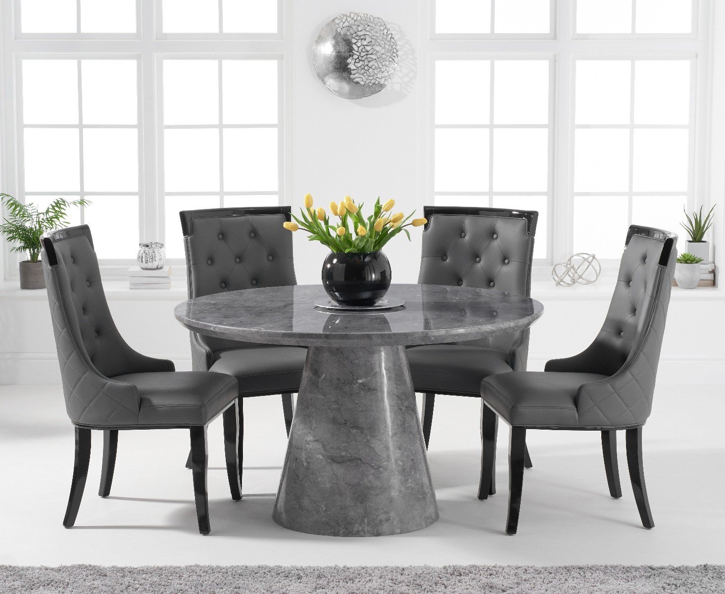 Grey round dining room on sale table and chairs