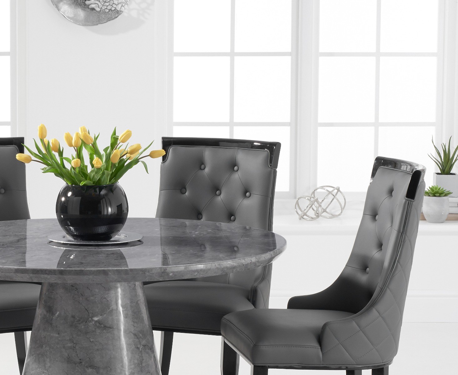 Photo 2 of Ravello 130cm round grey marble dining table with 6 grey francesca chairs