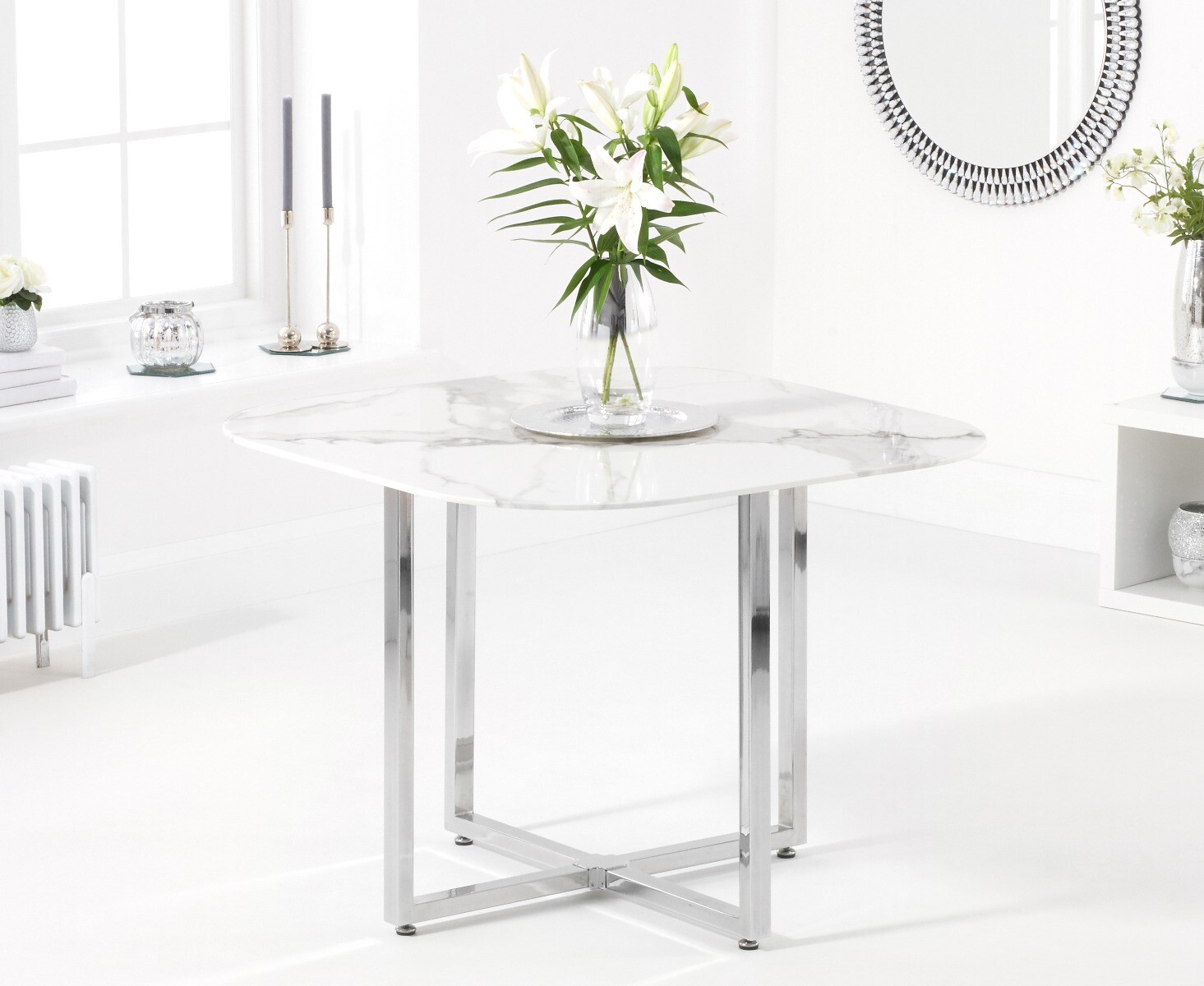 Photo 1 of Algarve white marble dining table with 4 white high back stools
