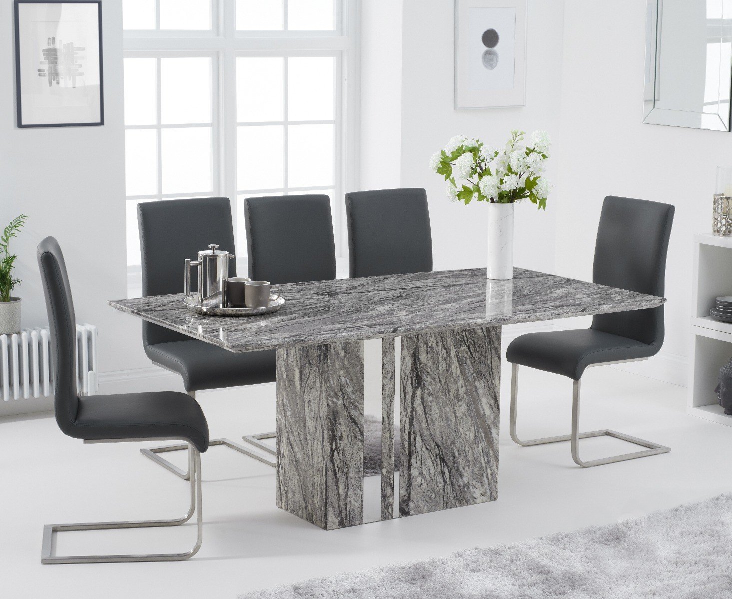 Alicia 180cm Grey Marble Dining Table With 6 Grey Austin Chairs