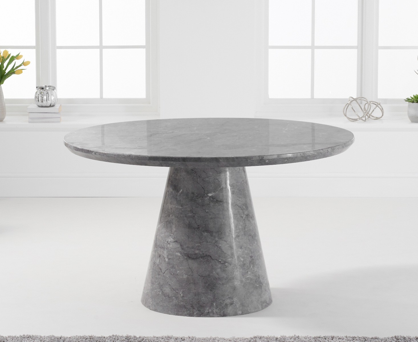 Photo 1 of Ravello 130cm round grey marble dining table with 6 black aldo chairs