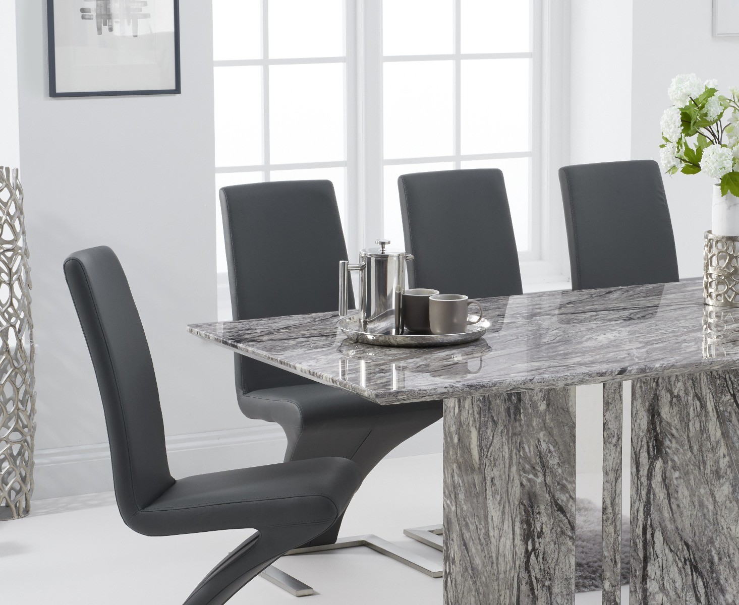 Photo 1 of Alicia 180cm grey marble dining table with 6 white aldo chairs