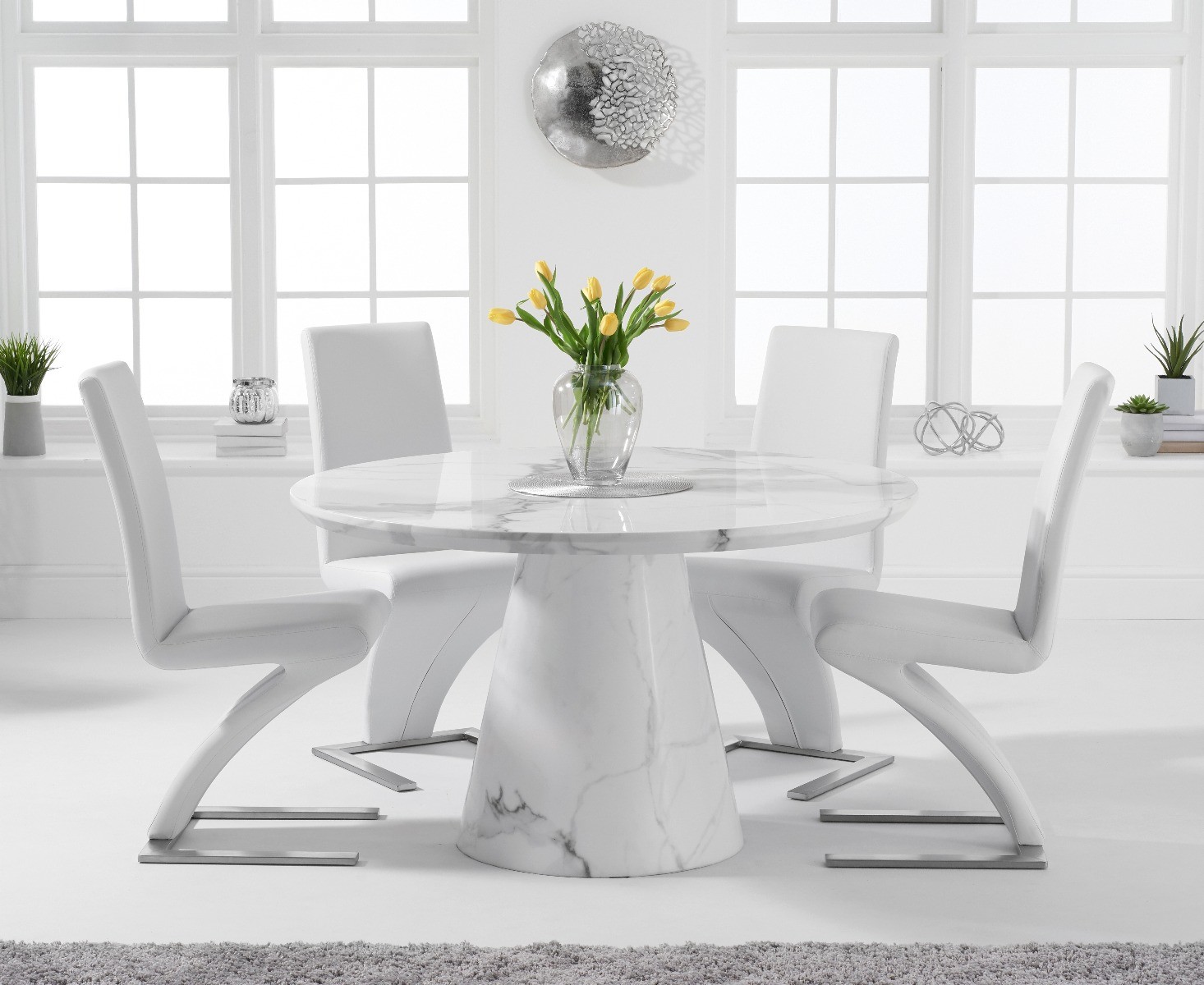 Product photograph of Ravello 130cm Round White Marble Dining Table With 4 White Aldo Chairs from Oak Furniture Superstore