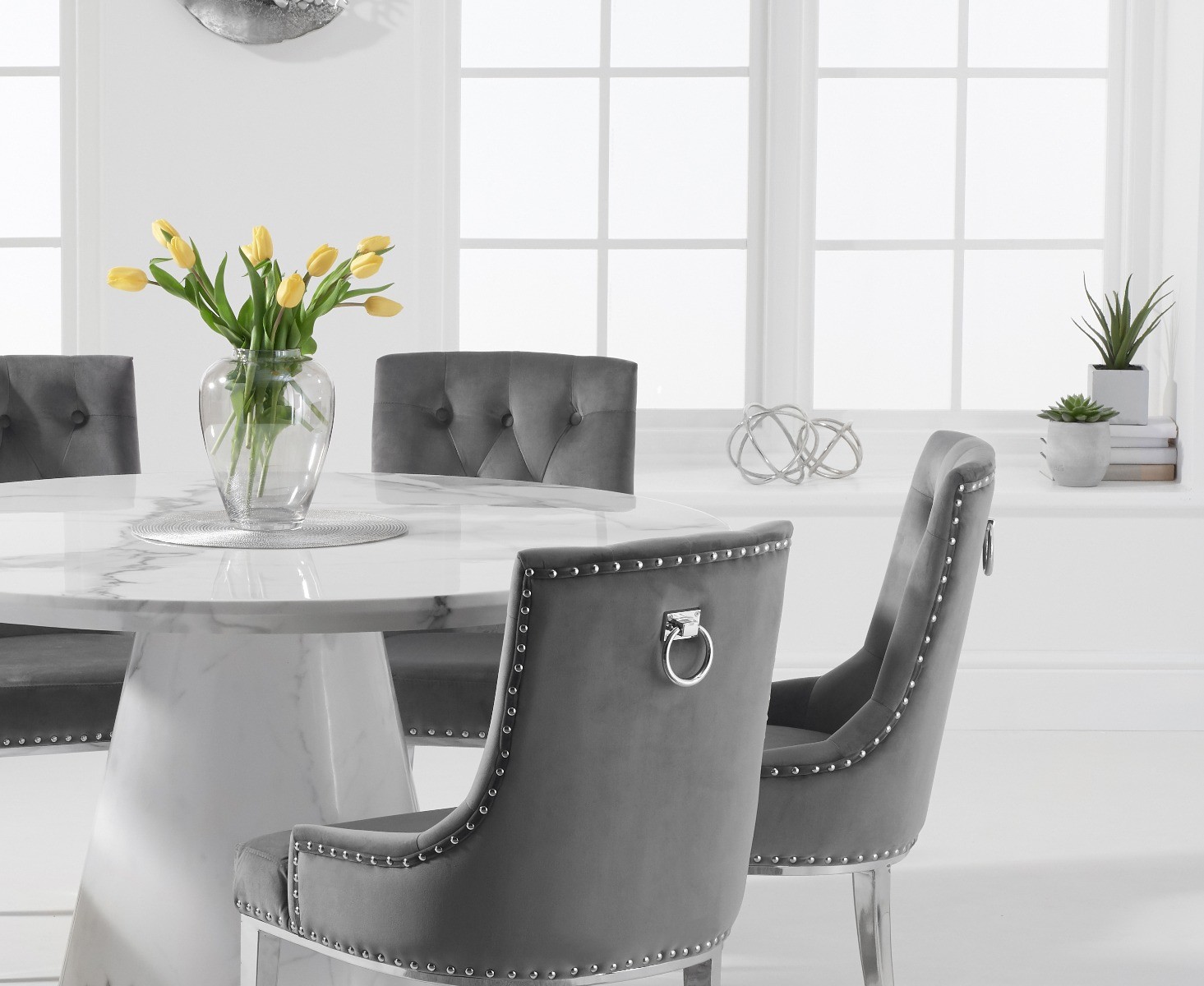 Photo 1 of Ravello 130cm round white marble dining table with 4 grey sienna velvet chairs