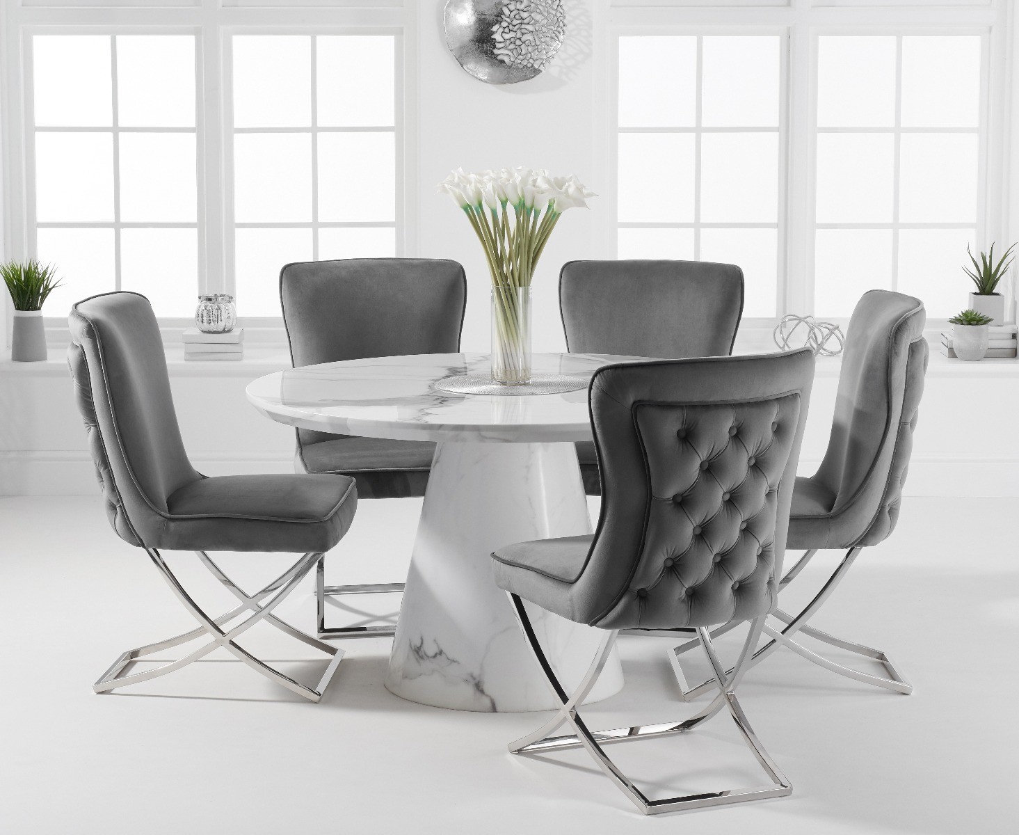 Product photograph of Ravello 130cm Round White Marble Dining Table With 4 Grey Lorenzo Velvet Chairs from Oak Furniture Superstore