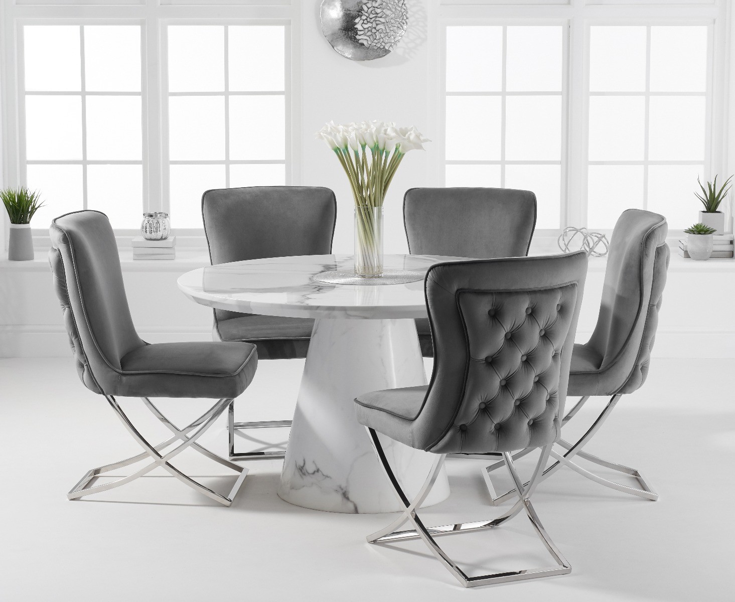 Product photograph of Ravello 130cm Round White Marble Dining Table With 4 Grey Lorenzo Chairs from Oak Furniture Superstore