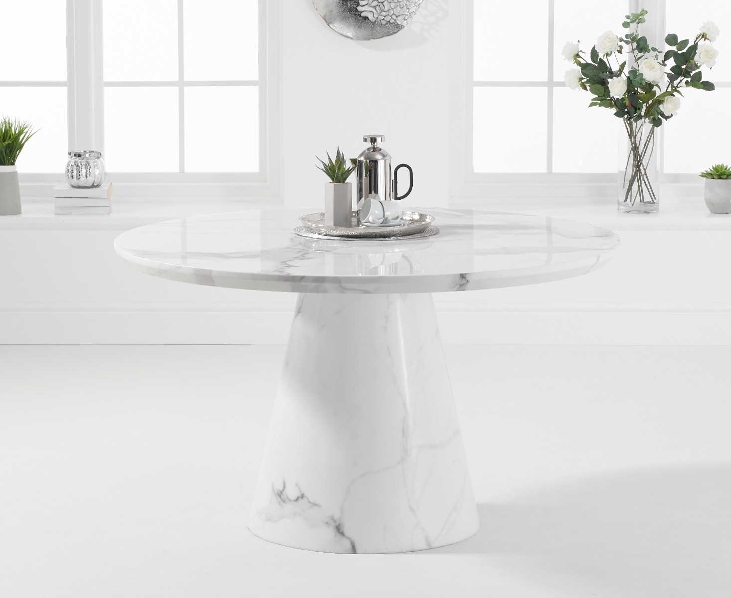 Photo 1 of Ravello 130cm round white marble dining table with 4 grey sophia chairs