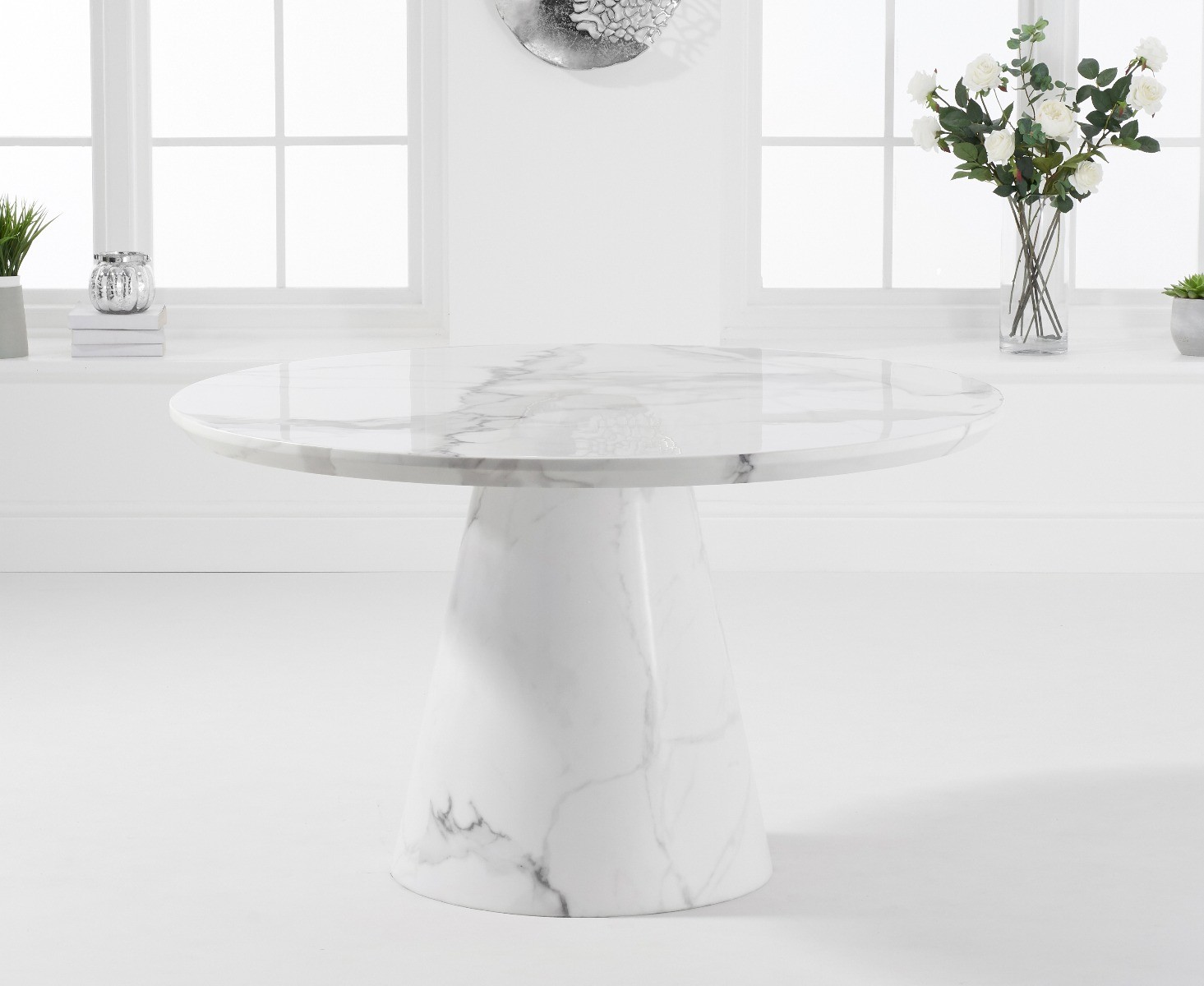 Photo 1 of Ravello 130cm round white marble dining table with 6 white aldo chairs