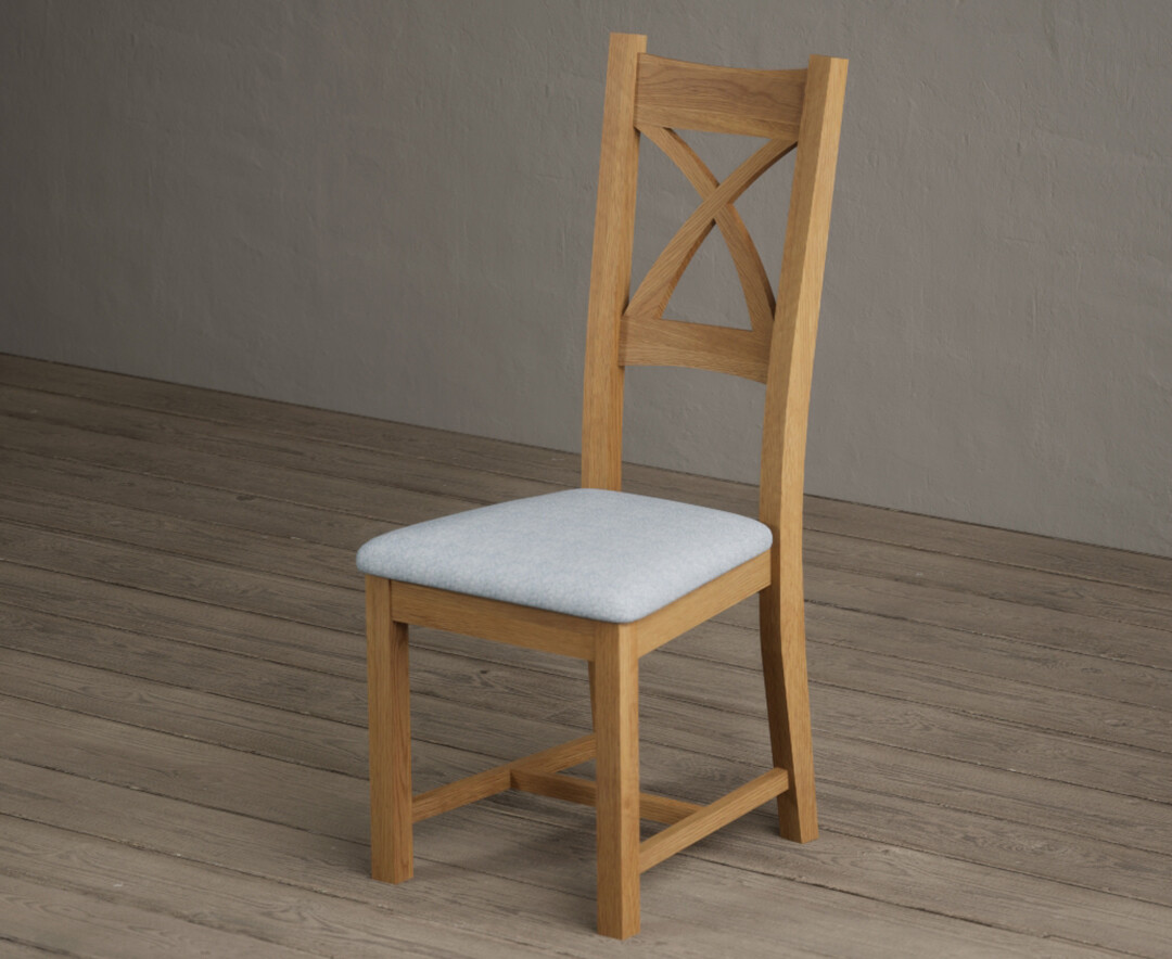 Photo 2 of Natural solid oak x back dining chairs with blue fabric seat pad