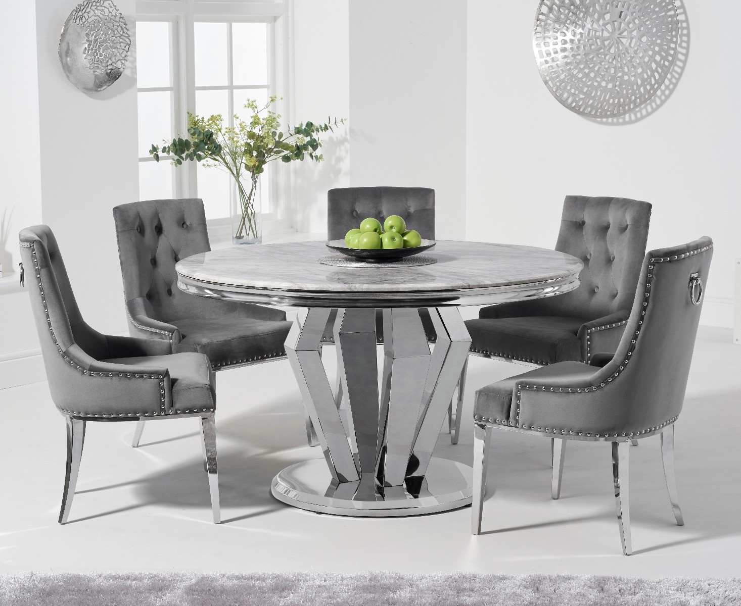 Product photograph of Viscount 130cm Round Marble Dining Table With 6 Grey Sienna Velvet Chairs from Oak Furniture Superstore