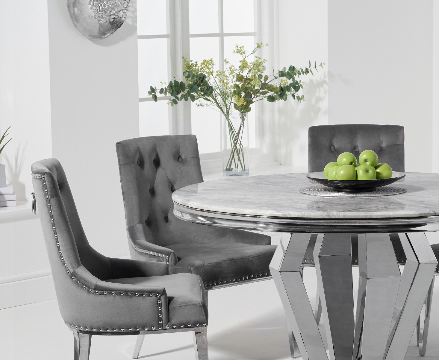 Photo 1 of Viscount 130cm round marble dining table with 4 grey sienna velvet chairs