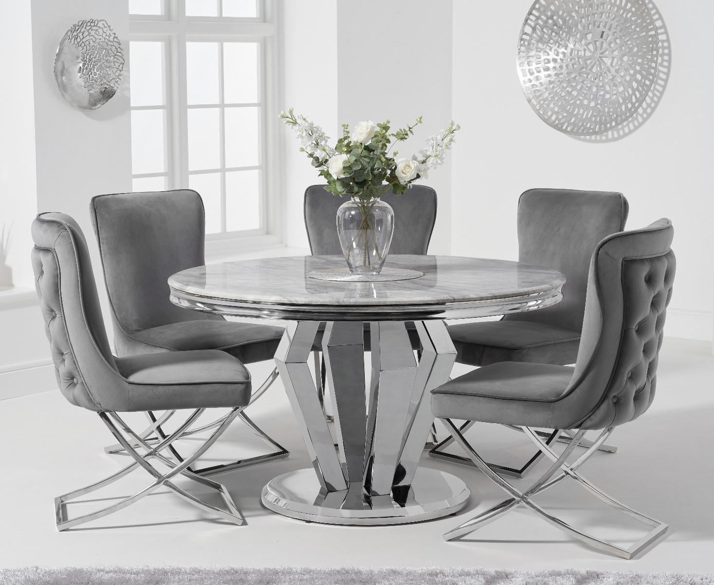 Viscount 130cm Round Marble Dining Table With 4 Grey Lorenzo Chairs