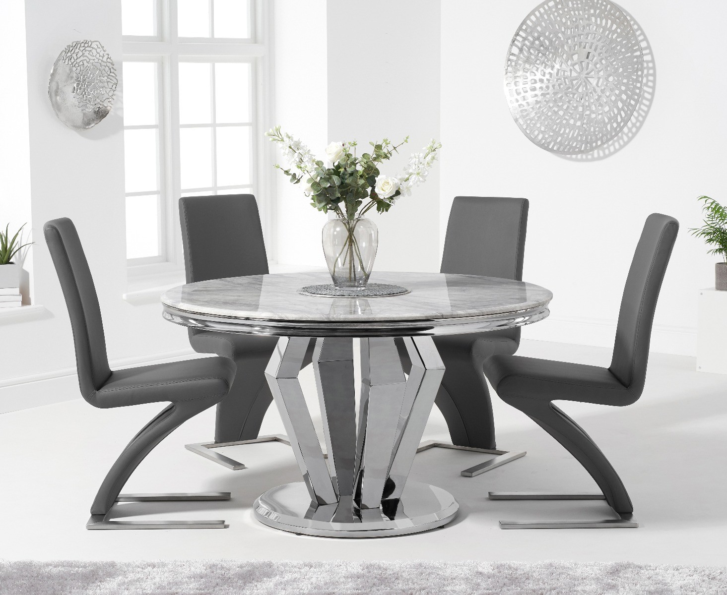 Product photograph of Viscount 130cm Round Marble Dining Table With 6 Grey Aldo Chairs from Oak Furniture Superstore