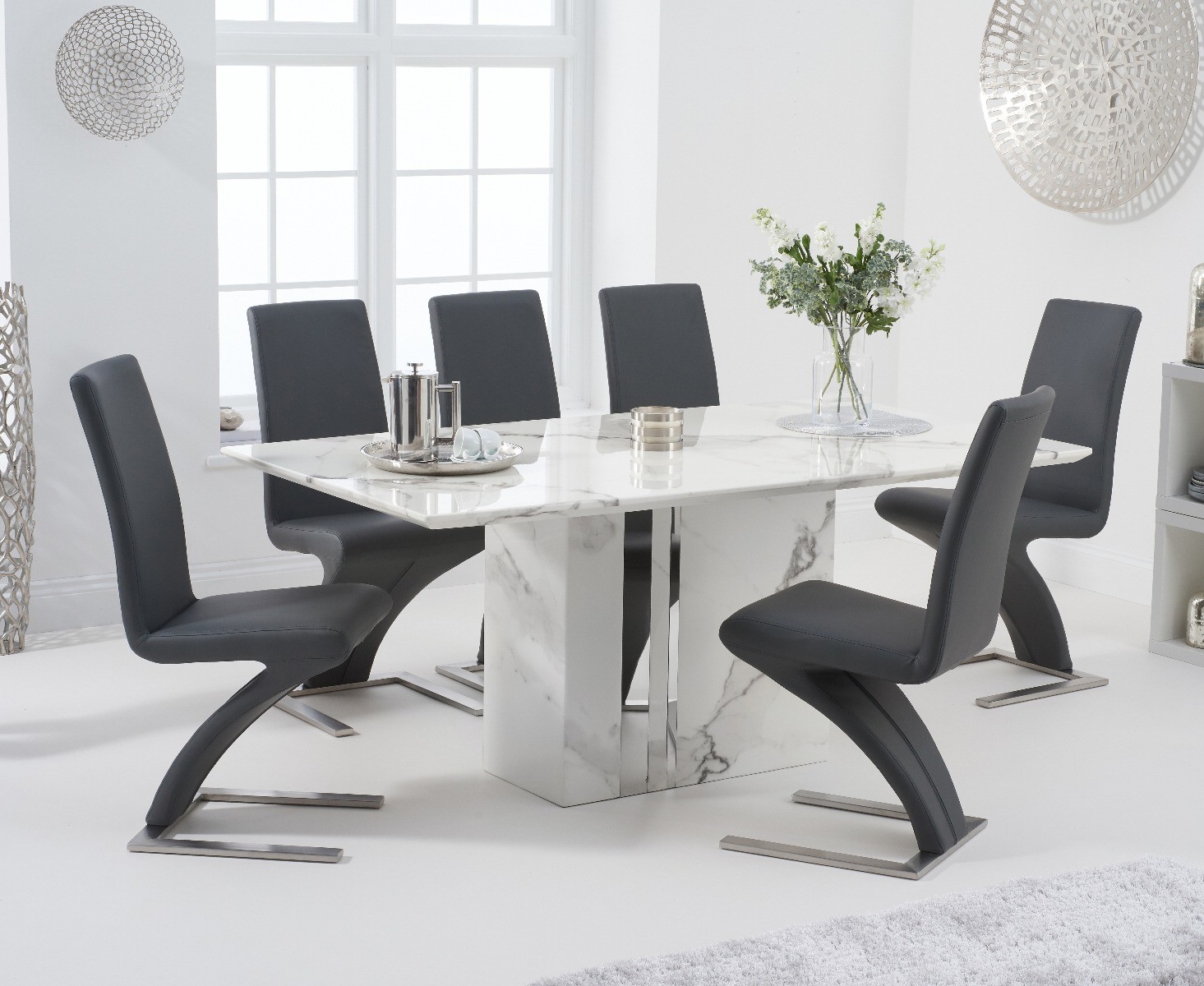 Product photograph of Alicia 180cm White Marble Dining Table With 6 White Aldo Chairs from Oak Furniture Superstore