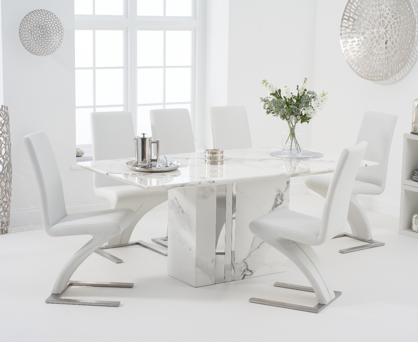Product photograph of Alicia 180cm White Marble Dining Table With 8 White Aldo Z Chairs from Oak Furniture Superstore