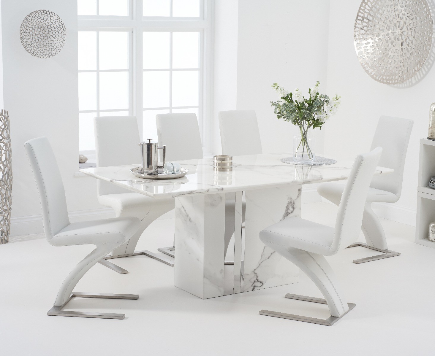 Alicia 180cm White Marble Dining Table With 8 White Aldo Z Chairs