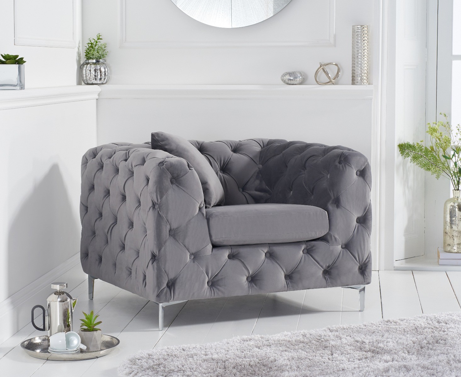 Product photograph of Alara Light Grey Velvet Armchair from Oak Furniture Superstore