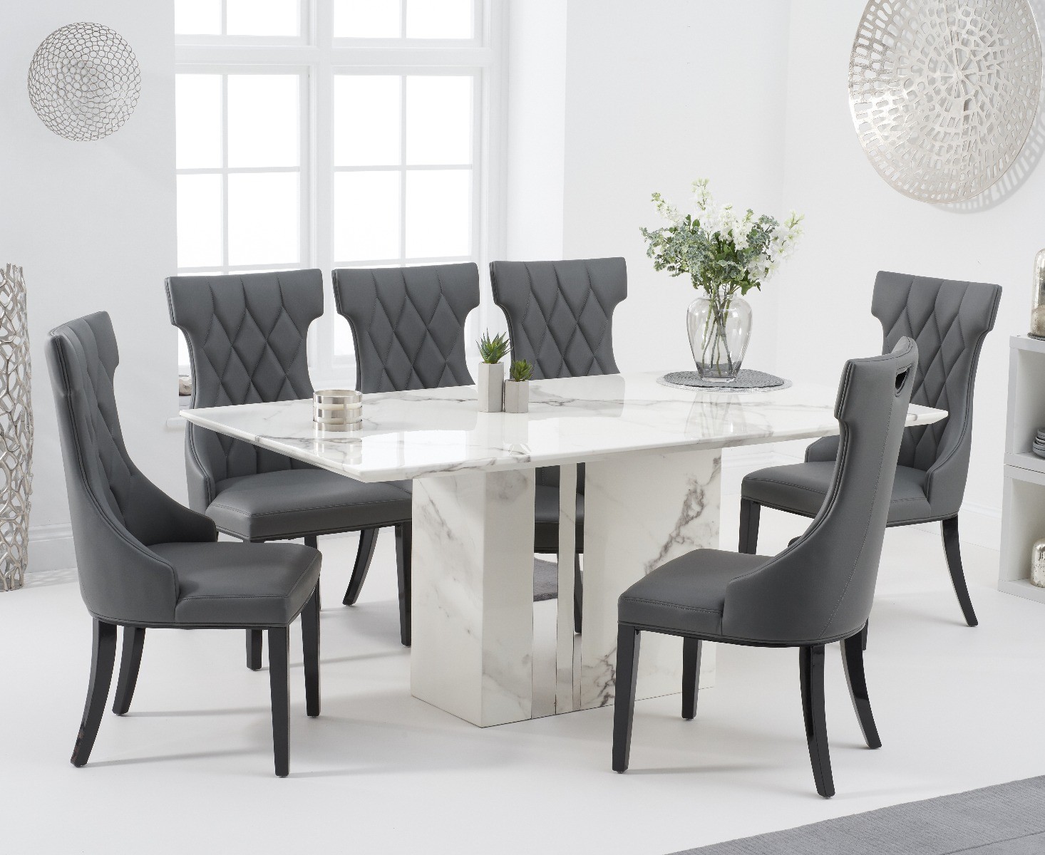Alicia 180cm White Marble Dining Table With 4 Grey Sophia Chairs