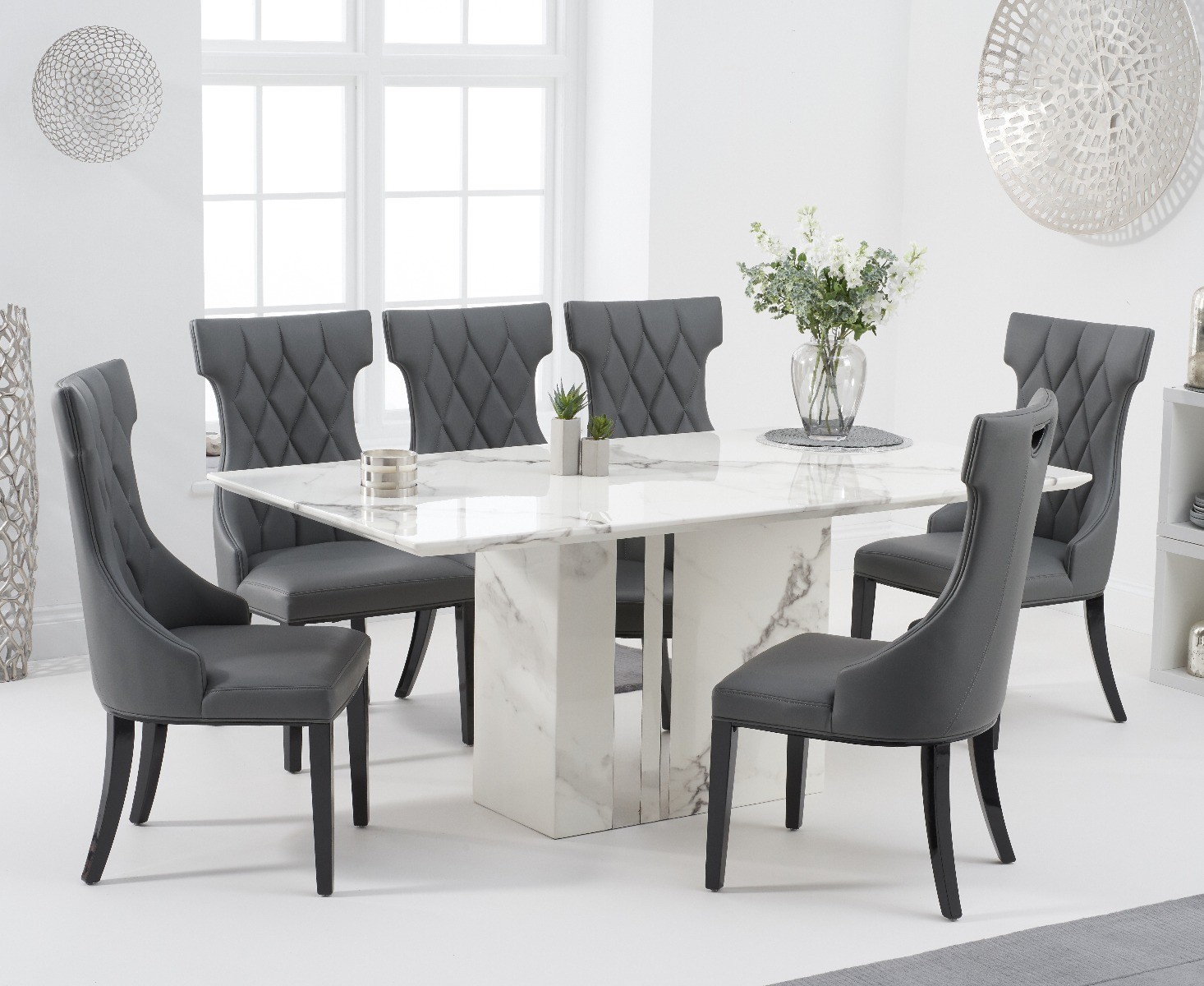 Product photograph of Alicia 180cm White Marble Dining Table With 8 Grey Sophia Chairs from Oak Furniture Superstore