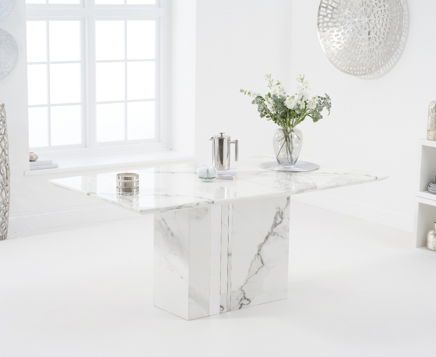 Photo 1 of Alicia 180cm white marble dining table with 6 grey sophia chairs