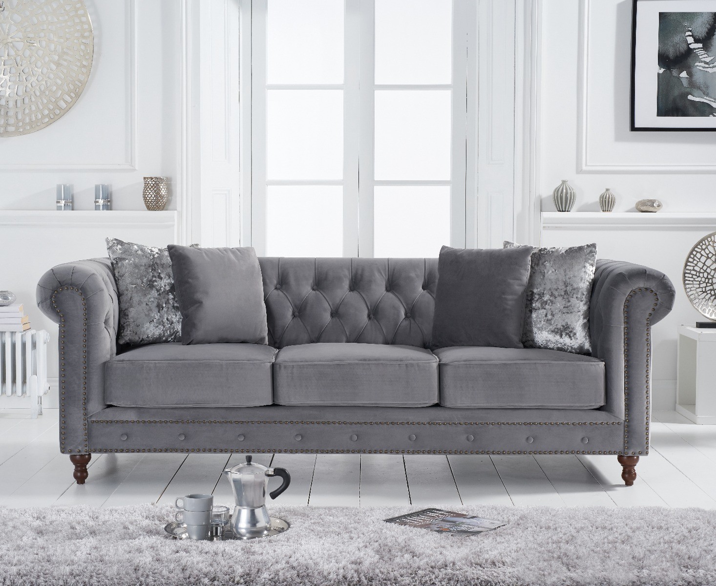 Product photograph of Westminster Chesterfield Light Grey Velvet 3 Seater Sofa from Oak Furniture Superstore