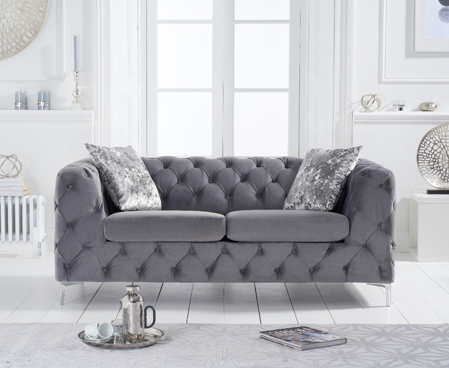 Product photograph of Alara Light Grey Velvet 2 Seater Sofa from Oak Furniture Superstore