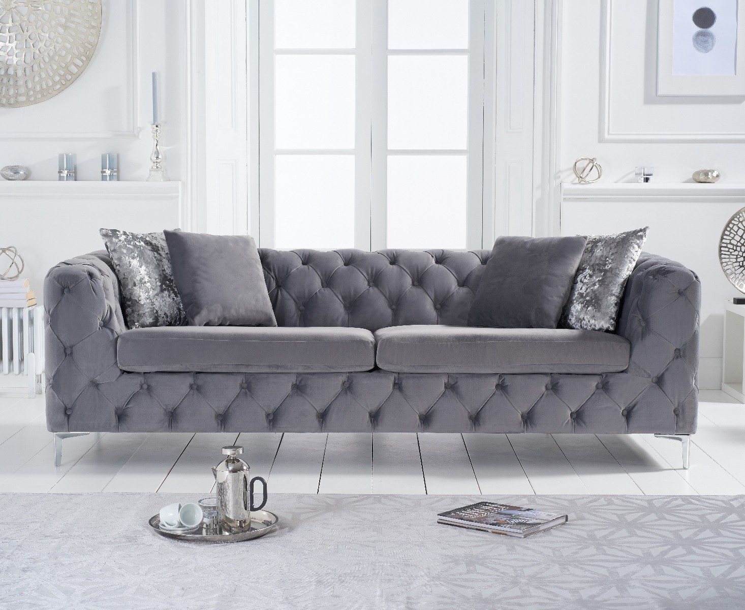 Product photograph of Alara Light Grey Velvet 3 Seater Sofa from Oak Furniture Superstore