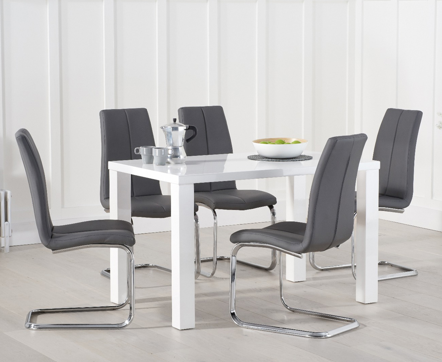 Product photograph of Seattle 120cm White High Gloss Dining Table With 4 Grey Gianni Chairs from Oak Furniture Superstore