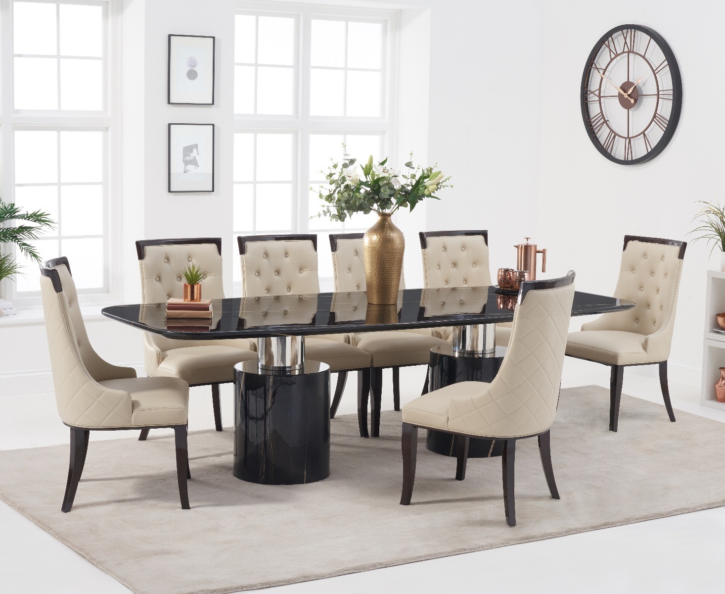 Antonio 260cm Black Marble Dining Table With 12 Cream Francesca Chairs