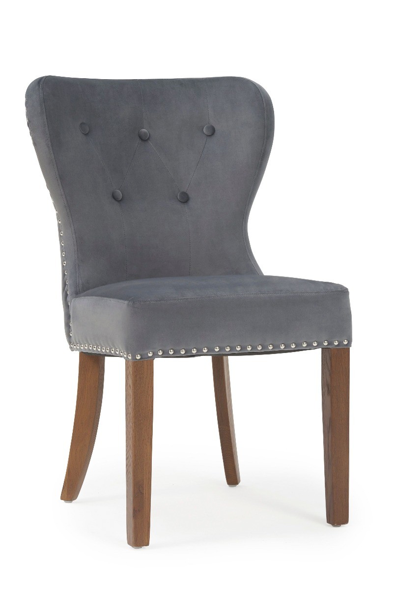 Photo 2 of Keswick studded grey velvet dark oak leg dining chairs