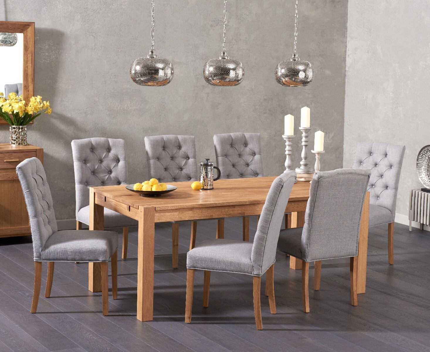 Product photograph of Verona 150cm Oak Dining Table With 6 Grey Isabella Chairs from Oak Furniture Superstore